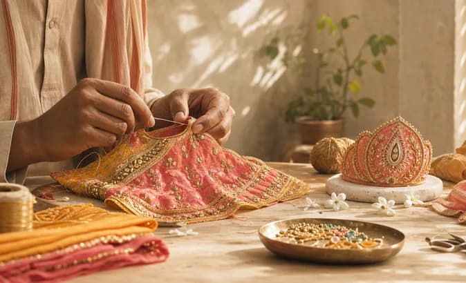 A poshak being finished with pearl and kundan work in the atelier