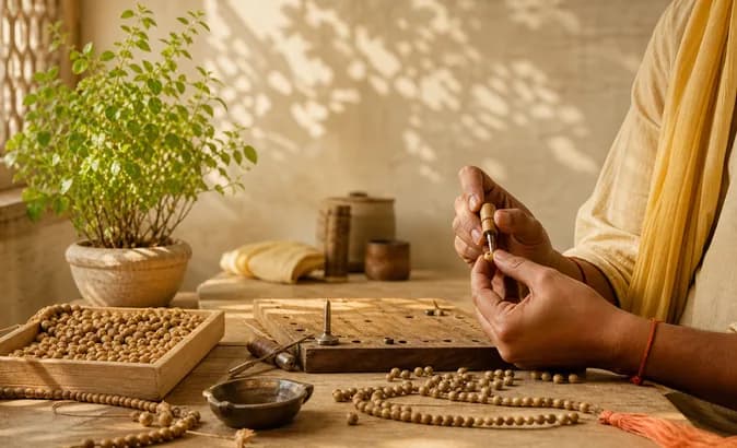 Tulsi beads being sorted and strung by hand at the craft centre